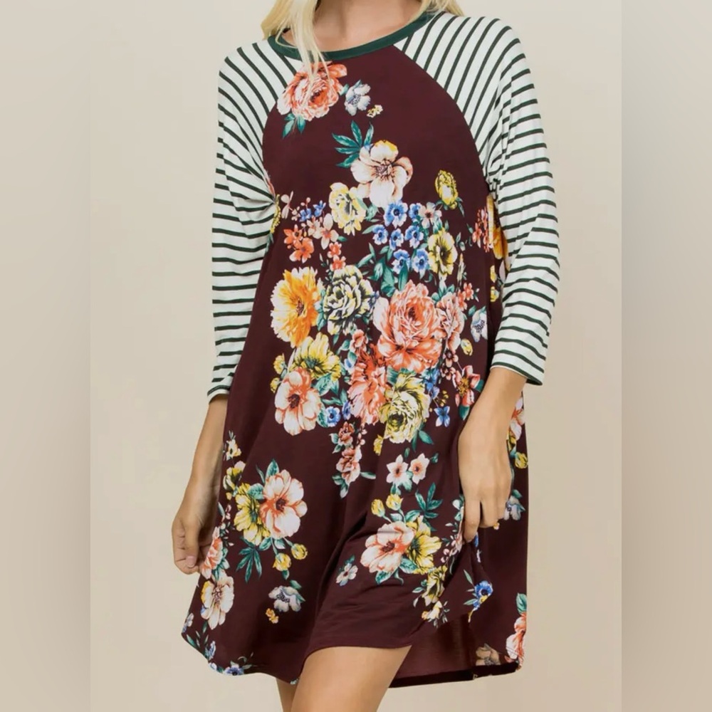 Emerald Floral and Striped Dress - Multicolor